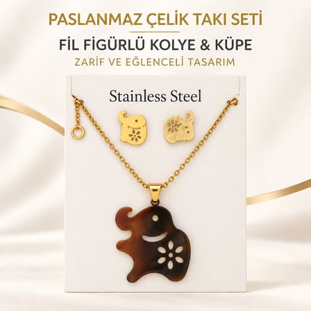 Paslanmaz Çelik Fil Figürlü Kolye ve Asimetrik Küpe Seti