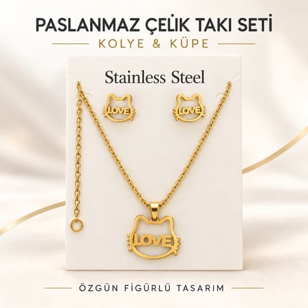Paslanmaz Çelik LOVE Yazılı Kedi Figürlü Kolye ve Küpe Seti