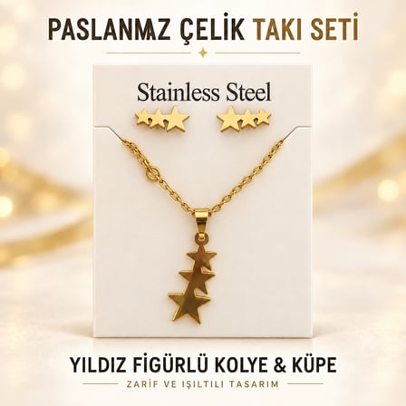 Paslanmaz Çelik Yıldız Figürlü Kolye ve Küpe Takı Seti – Gold Renk