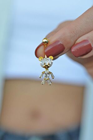 Altın Renkli Ayıcık Model Taşlı Çelik Göbek Piercing