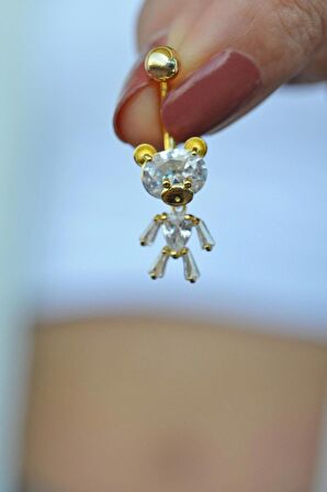 Altın Renkli Ayıcık Model Taşlı Çelik Göbek Piercing