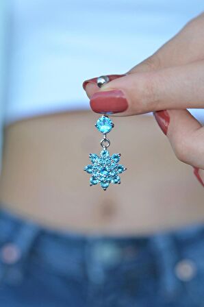Çiçek Model Mavi Taşlı Çelik Göbek Piercing