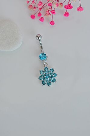 Çiçek Model Mavi Taşlı Çelik Göbek Piercing