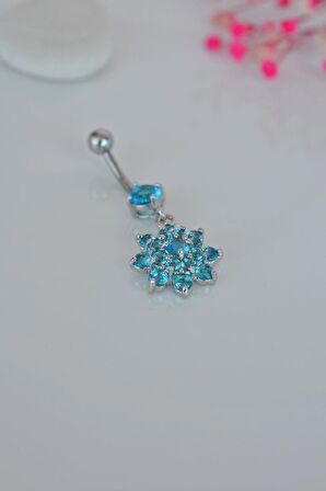 Çiçek Model Mavi Taşlı Çelik Göbek Piercing