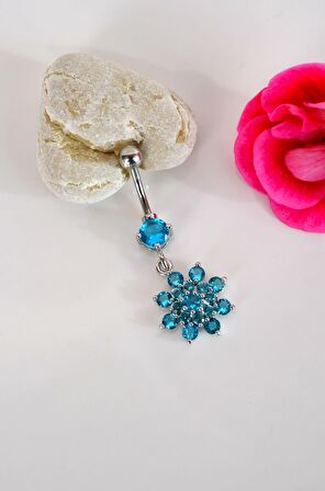Çiçek Model Mavi Taşlı Çelik Göbek Piercing