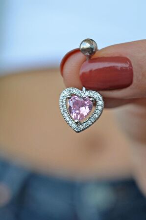 Kalp Model Pembe Taşlı Çelik Göbek Piercing