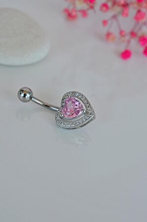 Kalp Model Pembe Taşlı Çelik Göbek Piercing