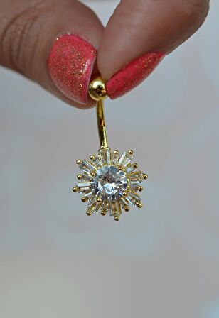 Altın Renkli Zirkon Taşlı Çiçek Taşlı Çelik Göbek Piercing
