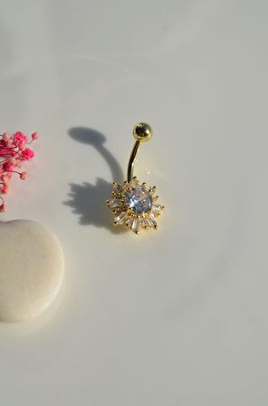 Altın Renkli Zirkon Taşlı Çiçek Taşlı Çelik Göbek Piercing