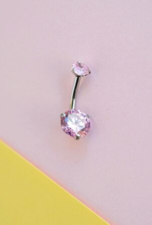 Pembe Taşlı Çelik Göbek Piercingi