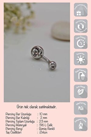 Top Taşlı Çelik Göbek Piercing Gümüş Renk