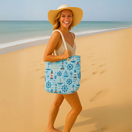 Beylini Büyük Halat Askılı Desenli Plaj Çantası Fermuarlı Suya Dayanıklı Geniş Yazlık Taşıma Çantası 40x40cm