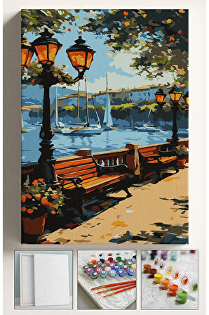 Sayılarla Boyama Seti Numaralı Tuval Fırça Boya 40x50 Cm Sahilde Bank