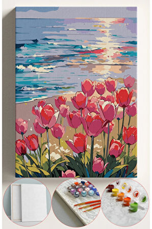Sayılarla Boyama Seti Numaralı Tuval Fırça Boya 40x50 Cm - SAHİLDE LALELER