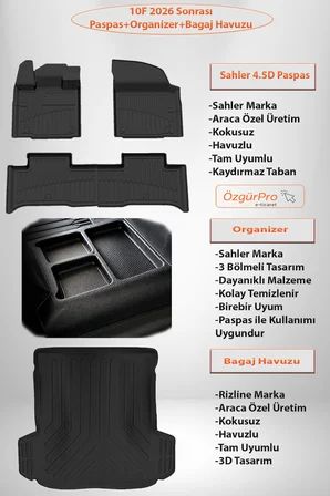 Sahler Tog T10F 2025+ Uyumlu 4.5D Havuzlu Paspas Ve Organizer 3D Rizline Bagaj Havuzu