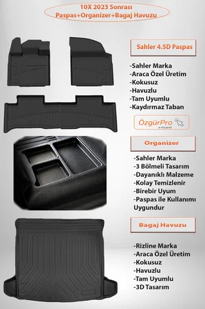 Sahler Tog T10X 2023+ Uyumlu 4.5D Havuzlu Paspas Ve Organizer 3D Rizline Bagaj Havuzu