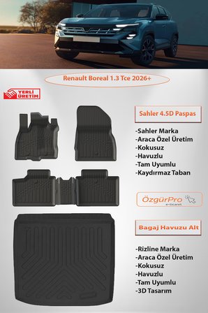 Sahler Renault Boreal 1.3 Tce 2026 Ve Sonrası 4.5D Havuzlu Paspas 3D Rizline Alt Bagaj Havuzu