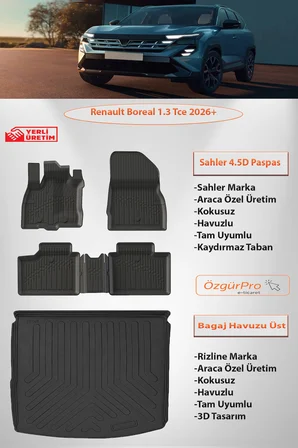 Sahler Renault Boreal 1.3 Tce 2026 Ve Sonrası 4.5D Havuzlu Paspas 3D Rizline Üst Bagaj Havuzu