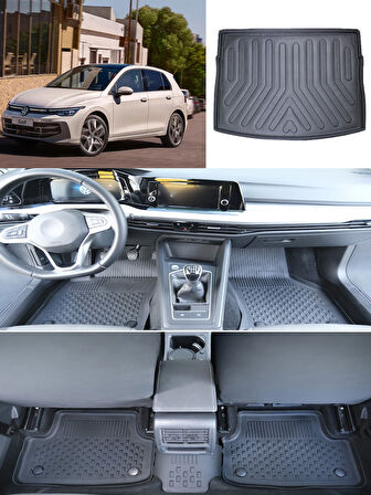 Sahler  Volkswagen Golf 8 Manuel  2021 ve Sonrası 4.5D Paspas Rizline 3D ÜST  Bagaj Havuzu Set