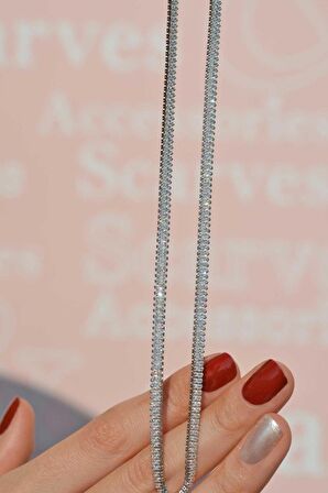 Gümüş Renk Baget Zirkon Taşlı Su Yolu Choker Kolye