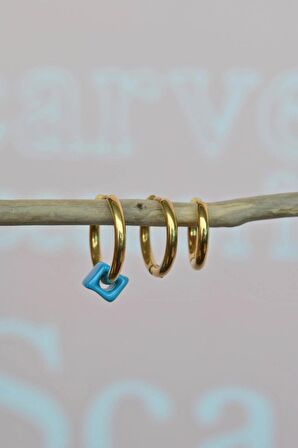 Mavi Boncuklu Çelik Halka Küpe Seti 3'lü Gold Renk