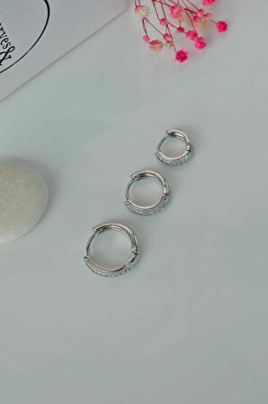 Zirkon Taşlı Halka 3'lü Set Küpe Gümüş Renk