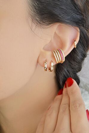 Zirkon Taşlı Gold Renkli Mini Halka Küpe