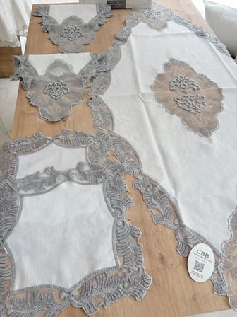 Salon Takımı Çeyizlik Krem Gri Runner Set 5 Parça Keten Masa Örtüsü Runneri Evalina