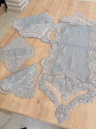 Salon Takımı Çeyizlik Gri Runner Set 5 Parça Keten Masa Örtüsü Runneri Gerdan