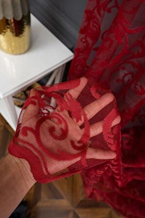 Klasik Şal Desen Bordo Renk Desen Tasarım 2 Kat Pileli Tül Perde