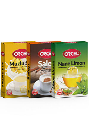 Orçel Sahlep + Muzlu Süt +Nane Limon  Aromalı İçecek Tozu Oralet Çay 3x200gr.