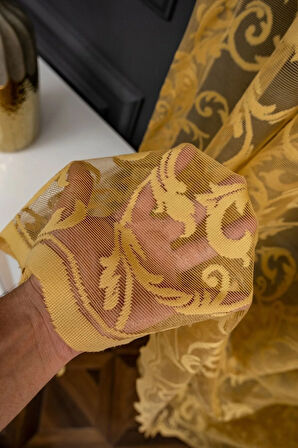 Klasik Şal Desen Hardal Koyu Sarı Renk Desen Tasarım 2 Kat Pileli Tül Perde