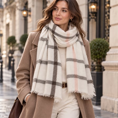 LUNÉA Parisian Blush Ekose Desenli Kadın Şal – Soft Touch Kışlık Omuz Şalı, Old Money Stil, Püsküllü Oversize Atkı 67x175 cm – Ekru Pudra Vizon