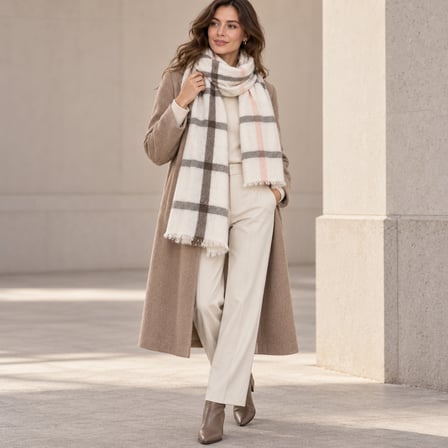 LUNÉA Parisian Blush Ekose Desenli Kadın Şal – Soft Touch Kışlık Omuz Şalı, Old Money Stil, Püsküllü Oversize Atkı 67x175 cm – Ekru Pudra Vizon