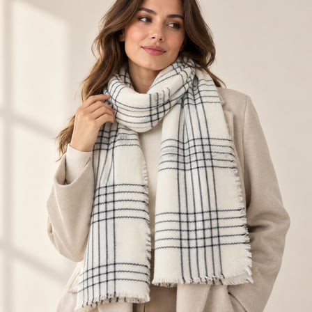NOIR ÉLITE | Parisian Chic Ekose Desenli Ekru Siyah Kadın Şal – Old Money Stil, Yumuşak Dokulu, Saçaklı Oversize Kışlık Omuz ve Boyun Şalı – 67 × 175 cm