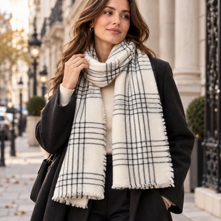 NOIR ÉLITE | Parisian Chic Ekose Desenli Ekru Siyah Kadın Şal – Old Money Stil, Yumuşak Dokulu, Saçaklı Oversize Kışlık Omuz ve Boyun Şalı – 67 × 175 cm