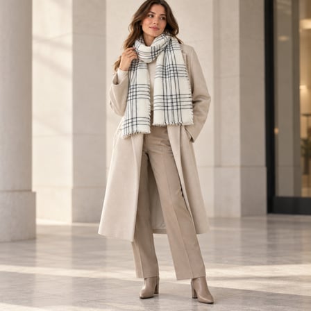 NOIR ÉLITE | Parisian Chic Ekose Desenli Ekru Siyah Kadın Şal – Old Money Stil, Yumuşak Dokulu, Saçaklı Oversize Kışlık Omuz ve Boyun Şalı – 67 × 175 cm