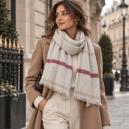 Vellora Rosé Écru | Old Money Style Bordo Çizgili Ekru Ekose Desenli Püsküllü Kadın Kışlık Boyun Şalı 67x175 cm