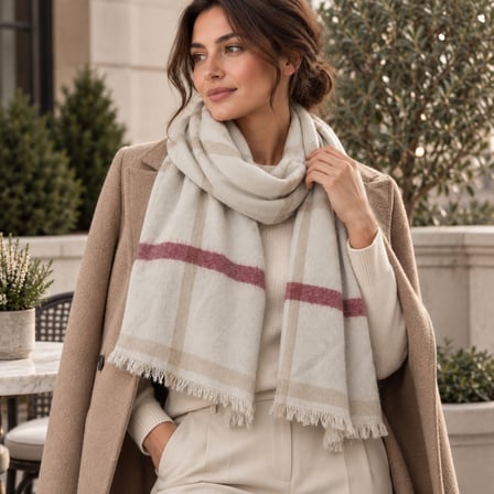 Vellora Rosé Écru | Old Money Style Bordo Çizgili Ekru Ekose Desenli Püsküllü Kadın Kışlık Boyun Şalı 67x175 cm
