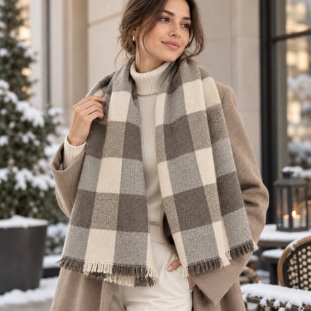 LUNÉRA Parisian Heritage Old Money Ekose Desenli Oversize Kadın Kışlık Şal – Premium Soft Touch Dokulu, Vizon Kahve Ekru Kareli, Püsküllü Omuz Şalı & Atkı – 67 x 175 cm
