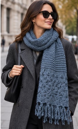 MAVÉLLE Nordic Blue – İndigo Mavi Özel Dokulu Örgü Şal | Bohem Chic Püsküllü, Yumuşak Dokulu, Oversize Görünümlü Kadın Kışlık Atkı Şal 50x140 cm