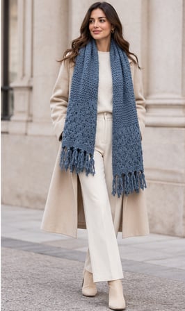 MAVÉLLE Nordic Blue – İndigo Mavi Özel Dokulu Örgü Şal | Bohem Chic Püsküllü, Yumuşak Dokulu, Oversize Görünümlü Kadın Kışlık Atkı Şal 50x140 cm