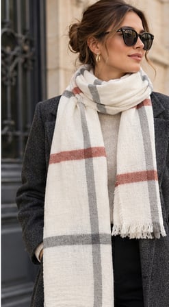MİLANO ÉLITE | Ekru Gri Kiremit Çizgili Premium Dokulu Oversize Kadın Şal – Old Money Stil Zarif Kışlık Omuz Şalı ve Atkı 67x175 cm