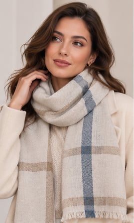 Nordic Azure Ekru Bej Mavi Çizgili Kadın Omuz ve Boyun Şalı Soft Dokulu Saçaklı Oversize Sonbahar Kış Şalı 67x175 cm