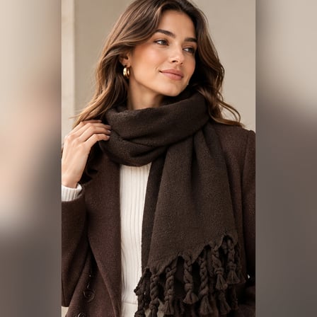 Noir Mocha Luxe | Premium Çikolata Kahve Burgu Püsküllü Yumuşak Dokulu Oversize Kadın Kışlık Şal & Atkı 50x175 cm