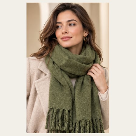 Oliva Muse Haki Yeşil Oversize Soft Touch Püsküllü Kışlık Şal – Old Money Stil, Yumuşak Dokulu Premium Kadın Atkı & Omuz Şalı 50x175 cm
