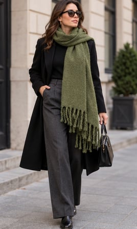 Oliva Muse Haki Yeşil Oversize Soft Touch Püsküllü Kışlık Şal – Old Money Stil, Yumuşak Dokulu Premium Kadın Atkı & Omuz Şalı 50x175 cm