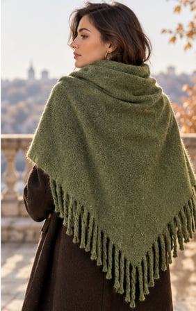 Oliva Muse Haki Yeşil Oversize Soft Touch Püsküllü Kışlık Şal – Old Money Stil, Yumuşak Dokulu Premium Kadın Atkı & Omuz Şalı 50x175 cm