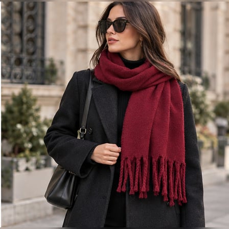 Bordeaux Muse Luxury – Bordo Burgulu Püsküllü Yumuşak Dokulu Oversize Kadın Kışlık Şal & Omuz Şalı 50x175 cm | Old Money Stil