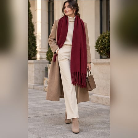 Bordeaux Muse Luxury – Bordo Burgulu Püsküllü Yumuşak Dokulu Oversize Kadın Kışlık Şal & Omuz Şalı 50x175 cm | Old Money Stil